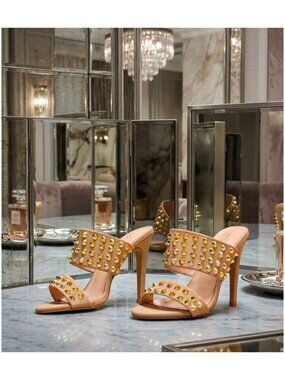 Studded Nude High Heel Slide Sandals